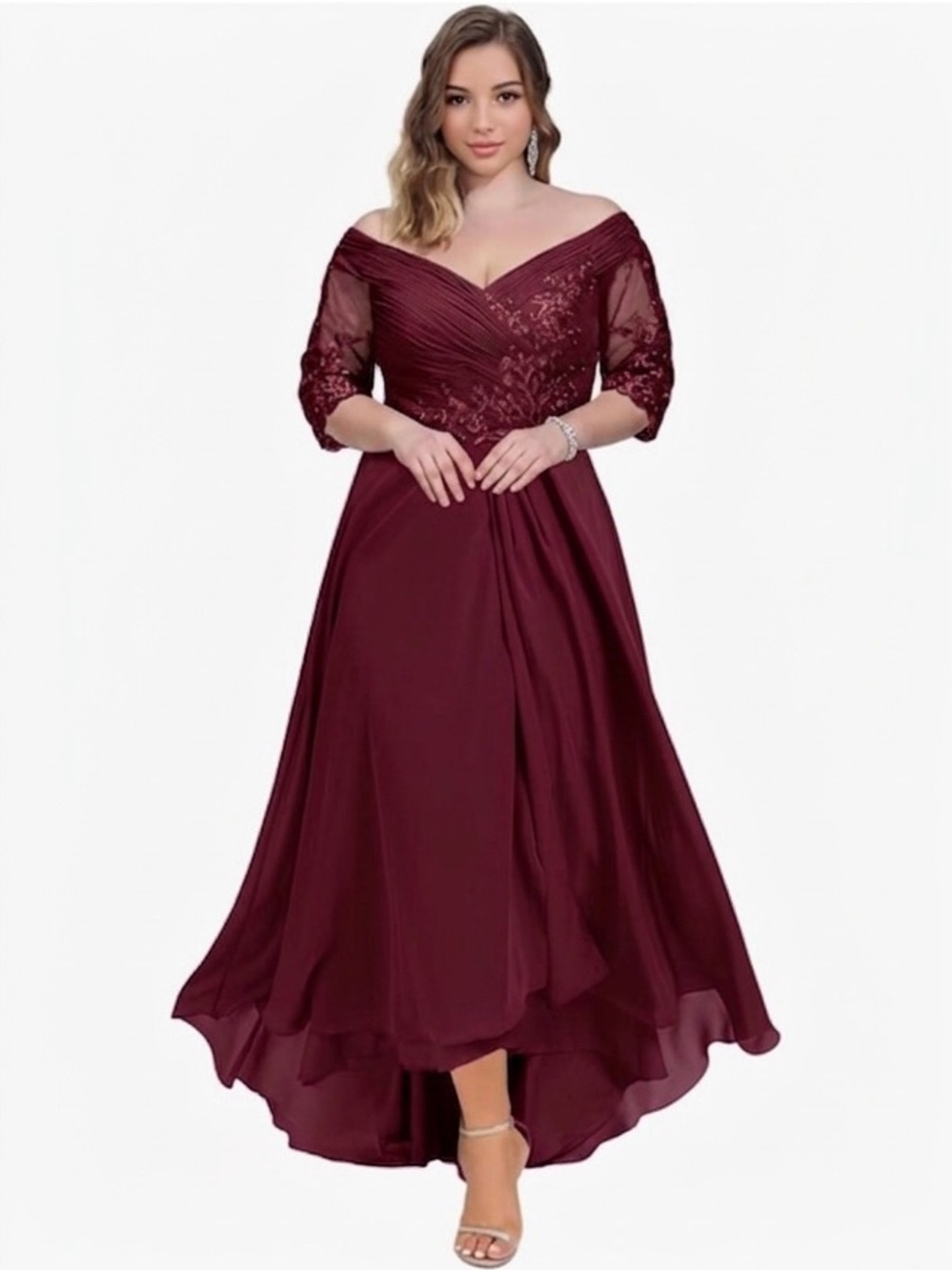 BURGUNDY HIGH LOW DRESS NEW, UNWORN SIZE 8-10 CORSET ON THE BACK